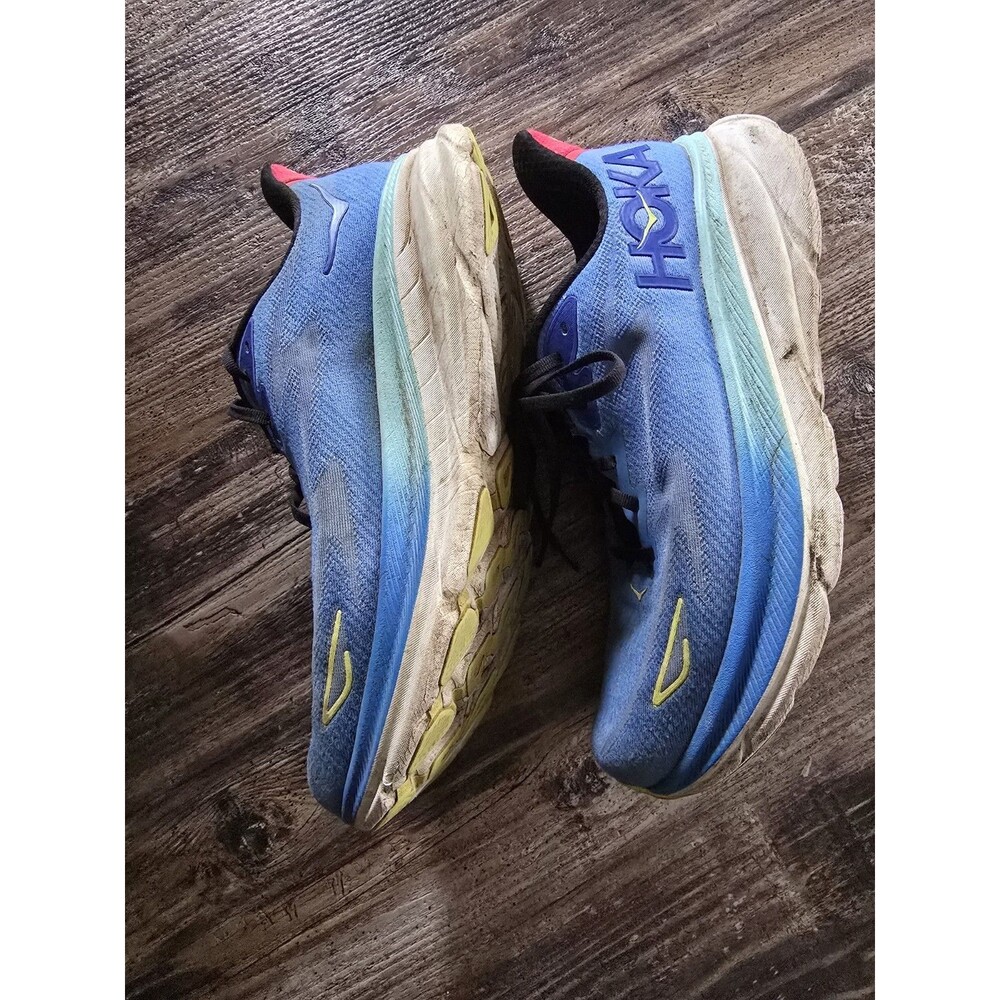 Hoka One One Clifton 9 Running Shoes Mens 9 US Blue Yellow Cushioned Sneakers